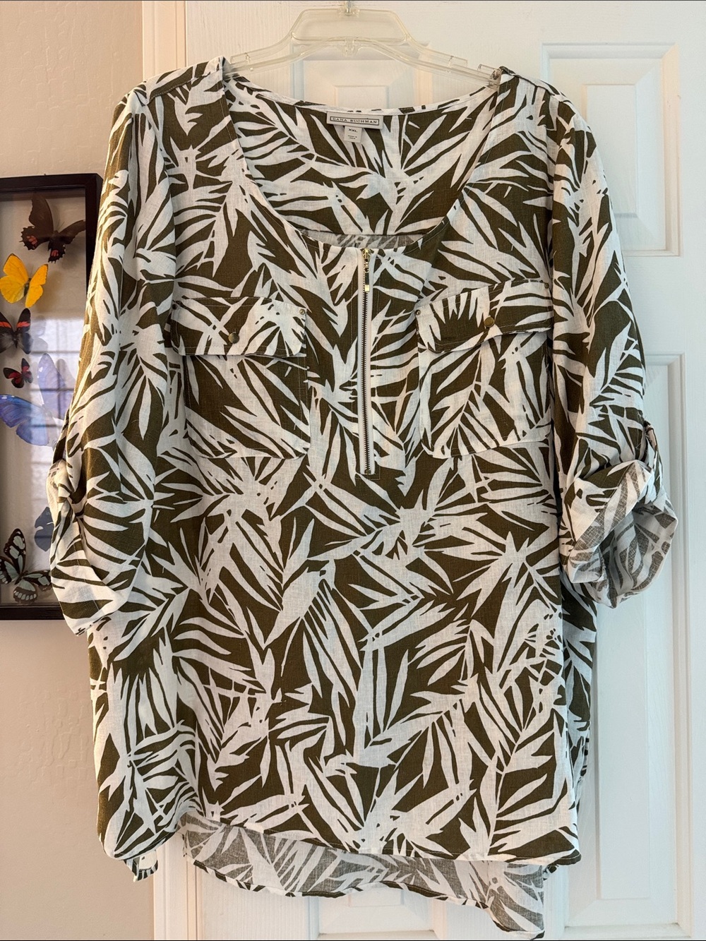 Dana Buchman Olive & White Palm Print Linen Tunic Top